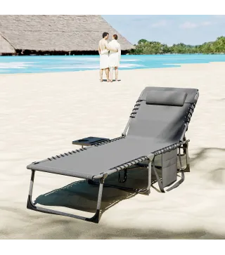 Tumbona Plegable con Respaldo Ajustable Reposacabezas Bolsillo Lateral Bandeja y Estructura de Acero 190x60x31 cm Gris
