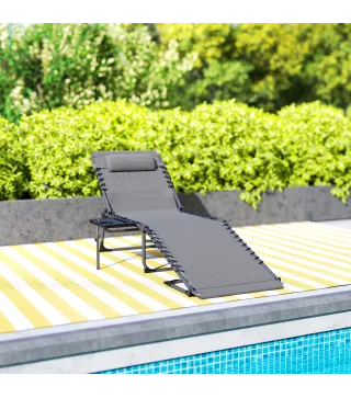 Tumbona Plegable con Respaldo Ajustable Reposacabezas Bolsillo Lateral Bandeja y Estructura de Acero 190x60x31 cm Gris