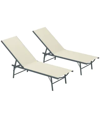 Juego de 2 Tumbonas Plegables Reclinables en 5 Posiciones con Estructura Metálica y Asiento de Malla Transpirable Crema