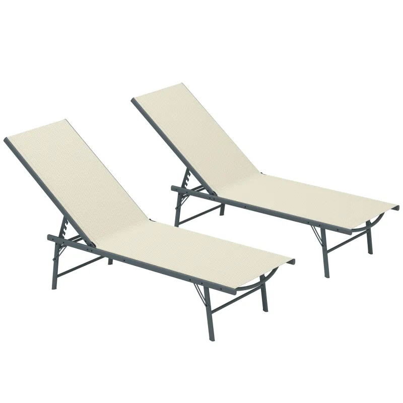 Juego de 2 Tumbonas Plegables Reclinables en 5 Posiciones con Estructura Metálica y Asiento de Malla Transpirable Crema
