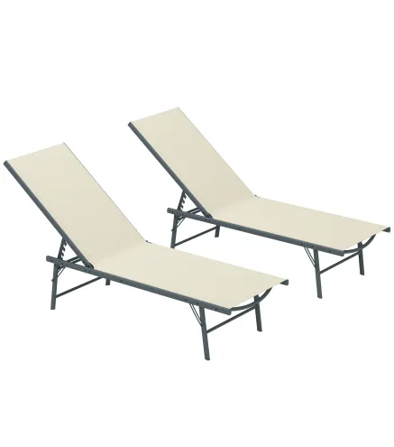 Juego de 2 Tumbonas Plegables Reclinables en 5 Posiciones con Estructura Metálica y Asiento de Malla Transpirable Crema
