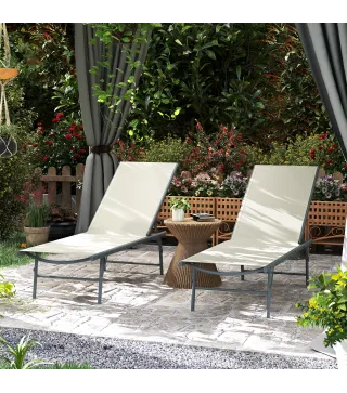 Juego de 2 Tumbonas Plegables Reclinables en 5 Posiciones con Estructura Metálica y Asiento de Malla Transpirable Crema