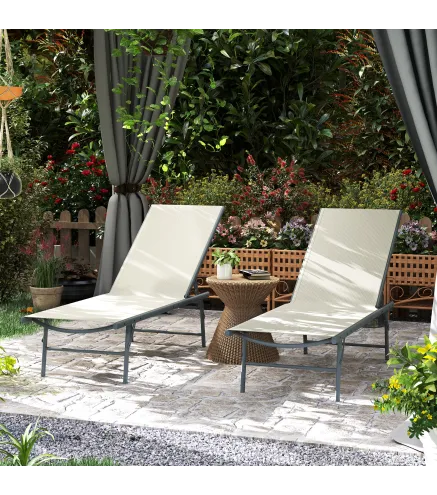 Juego de 2 Tumbonas Plegables Reclinables en 5 Posiciones con Estructura Metálica y Asiento de Malla Transpirable Crema