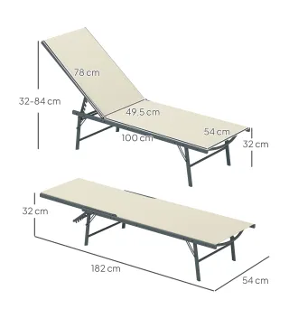 Juego de 2 Tumbonas Plegables Reclinables en 5 Posiciones con Estructura Metálica y Asiento de Malla Transpirable Crema