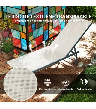 Juego de 2 Tumbonas Plegables Reclinables en 5 Posiciones con Estructura Metálica y Asiento de Malla Transpirable Crema