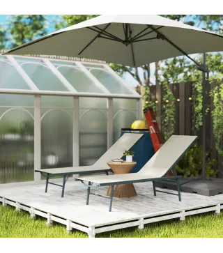 Juego de 2 Tumbonas Plegables Reclinables en 5 Posiciones con Estructura Metálica y Asiento de Malla Transpirable Crema