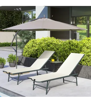 Juego de 2 Tumbonas Plegables Reclinables en 5 Posiciones con Estructura Metálica y Asiento de Malla Transpirable Crema