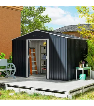 Cobertizo de Jardín 4,9 m² 277x195x192 cm con 2 Puertas Corredizas Base Refuerzo (Suelo NO Incluido) Gris Oscuro