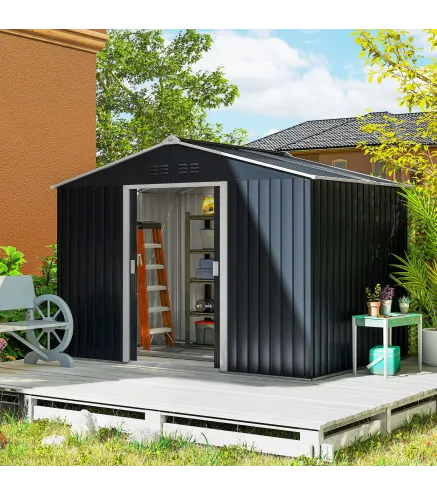 Cobertizo de Jardín 4,9 m² 277x195x192 cm con 2 Puertas Corredizas Base Refuerzo (Suelo NO Incluido) Gris Oscuro