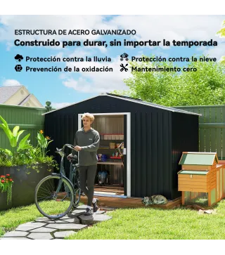 Cobertizo de Jardín 4,9 m² 277x195x192 cm con 2 Puertas Corredizas Base Refuerzo (Suelo NO Incluido) Gris Oscuro