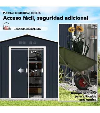 Cobertizo de Jardín 4,9 m² 277x195x192 cm con 2 Puertas Corredizas Base Refuerzo (Suelo NO Incluido) Gris Oscuro