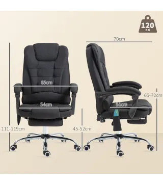 Silla de Oficina con 6 Puntos de Masaje Función de Calentamiento Reposapiés y Control Remoto 65x70x111-119 cm Negro