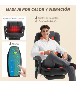 Silla de Oficina con 6 Puntos de Masaje Función de Calentamiento Reposapiés y Control Remoto 65x70x111-119 cm Negro