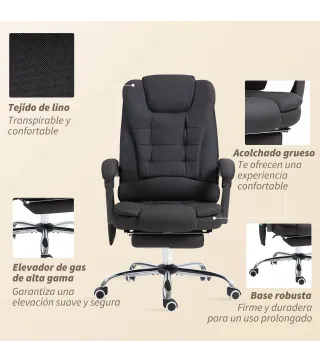 Silla de Oficina con 6 Puntos de Masaje Función de Calentamiento Reposapiés y Control Remoto 65x70x111-119 cm Negro