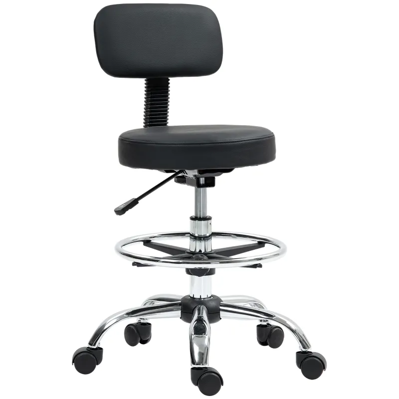 Silla de Oficina, Sillón Giratorio Compacto, Ajustable en Altura, con Reposapiés, Giro de 360°, Cuero Sintético, Metal, Negro