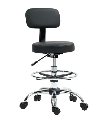 Silla de Oficina, Sillón Giratorio Compacto, Ajustable en Altura, con Reposapiés, Giro de 360°, Cuero Sintético, Metal, Negro
