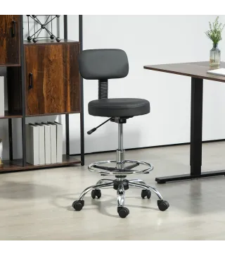 Silla de Oficina, Sillón Giratorio Compacto, Ajustable en Altura, con Reposapiés, Giro de 360°, Cuero Sintético, Metal, Negro