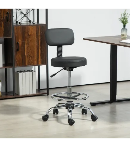 Silla de Oficina, Sillón Giratorio Compacto, Ajustable en Altura, con Reposapiés, Giro de 360°, Cuero Sintético, Metal, Negro