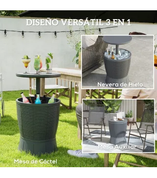 Mesa Nevera para Exterior 41 L 3 en 1 Cool Bar Mesa Auxiliar con Altura Ajustable Cubo de Hielo Tapa Elevable Gris