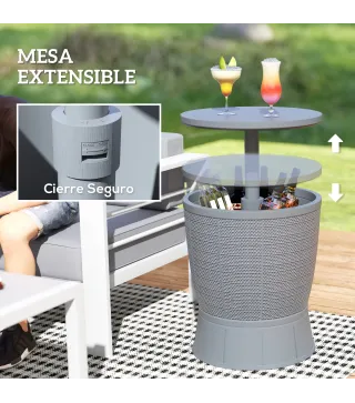 Mesa Nevera para Exterior 41 L 3 en 1 Cool Bar Mesa Auxiliar con Altura Ajustable Cubo de Hielo Tapa Elevable Gris