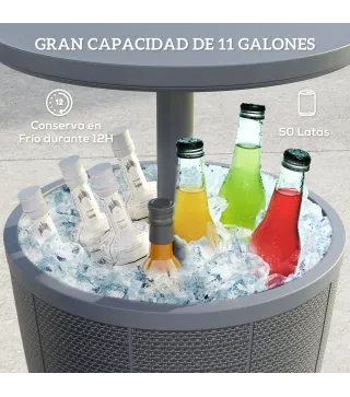 Mesa Nevera para Exterior 41 L 3 en 1 Cool Bar Mesa Auxiliar con Altura Ajustable Cubo de Hielo Tapa Elevable Gris