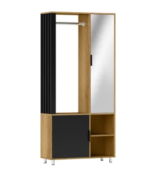 Armario Ropero con Puerta con Espejo Barra para Colgar 2 Compartimentos Abiertos 80x30x170 cm Natural y Negro