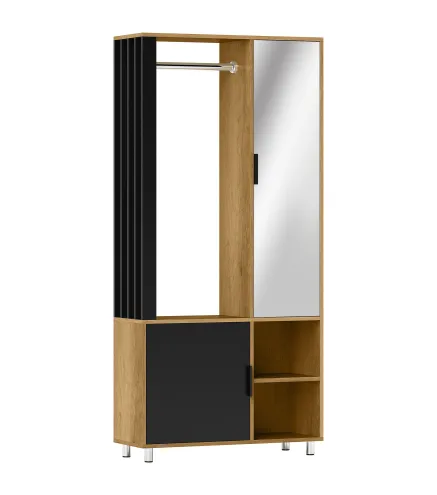 Armario Ropero con Puerta con Espejo Barra para Colgar 2 Compartimentos Abiertos 80x30x170 cm Natural y Negro