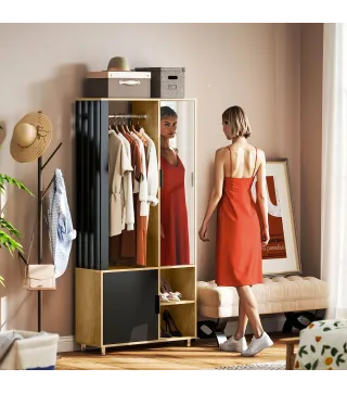 Armario Ropero con Puerta con Espejo Barra para Colgar 2 Compartimentos Abiertos 80x30x170 cm Natural y Negro