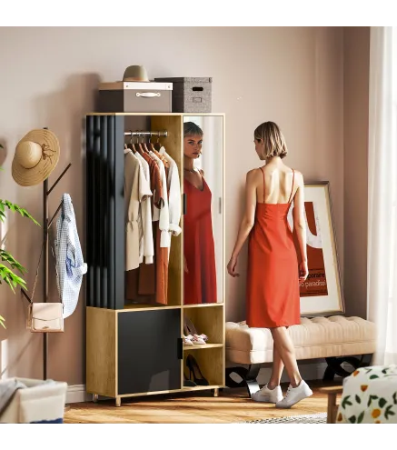 Armario Ropero con Puerta con Espejo Barra para Colgar 2 Compartimentos Abiertos 80x30x170 cm Natural y Negro