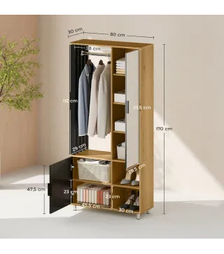 Armario Ropero con Puerta con Espejo Barra para Colgar 2 Compartimentos Abiertos 80x30x170 cm Natural y Negro