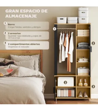Armario Ropero con Puerta con Espejo Barra para Colgar 2 Compartimentos Abiertos 80x30x170 cm Natural y Negro