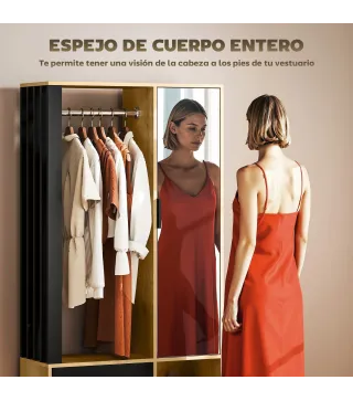 Armario Ropero con Puerta con Espejo Barra para Colgar 2 Compartimentos Abiertos 80x30x170 cm Natural y Negro