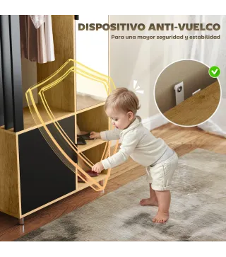 Armario Ropero con Puerta con Espejo Barra para Colgar 2 Compartimentos Abiertos 80x30x170 cm Natural y Negro