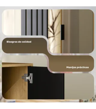 Armario Ropero con Puerta con Espejo Barra para Colgar 2 Compartimentos Abiertos 80x30x170 cm Natural y Negro