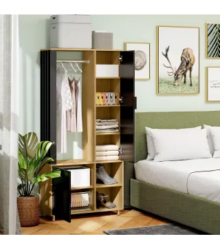 Armario Ropero con Puerta con Espejo Barra para Colgar 2 Compartimentos Abiertos 80x30x170 cm Natural y Negro