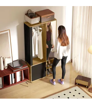 Armario Ropero con Puerta con Espejo Barra para Colgar 2 Compartimentos Abiertos 80x30x170 cm Natural y Negro