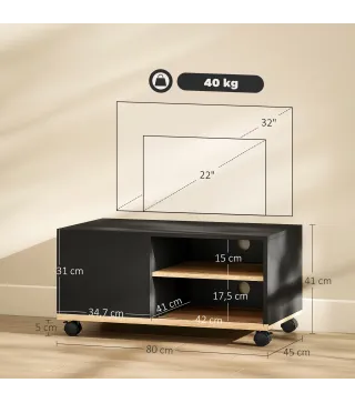 Mueble TV con Ruedas Mueble de Salón Mesa para Televisores de 42 Pulgadas con Puerta y 2 Estantes 80x45x41 cm Negro
