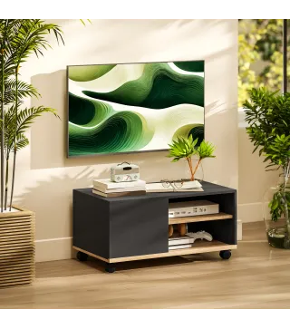 Mueble TV con Ruedas Mueble de Salón Mesa para Televisores de 42 Pulgadas con Puerta y 2 Estantes 80x45x41 cm Negro