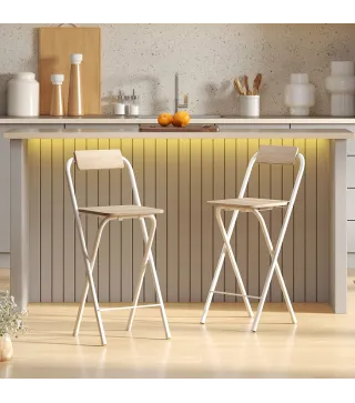 Juego de 2 Taburetes de Bar Plegables con Respaldo Reposapiés y Marco de Acero para Comedor Mostrador Natural