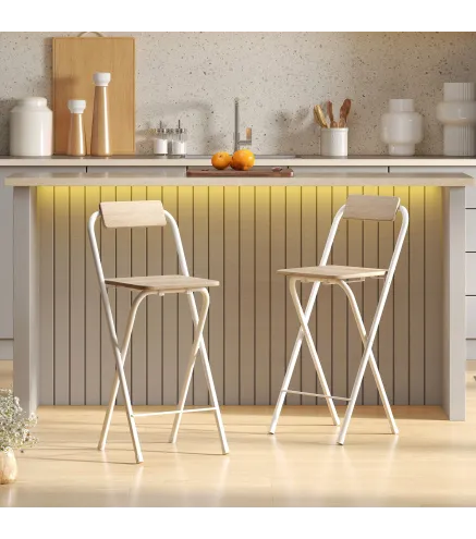 Juego de 2 Taburetes de Bar Plegables con Respaldo Reposapiés y Marco de Acero para Comedor Mostrador Natural