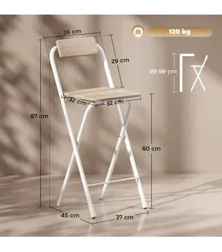 Juego de 2 Taburetes de Bar Plegables con Respaldo Reposapiés y Marco de Acero para Comedor Mostrador Natural