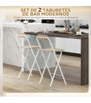 Juego de 2 Taburetes de Bar Plegables con Respaldo Reposapiés y Marco de Acero para Comedor Mostrador Natural