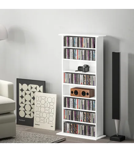 Estantería para CDs y DVDs Estrecha con 8 Compartimentos Estantes Ajustables 58x24x126,3 cm Blanco