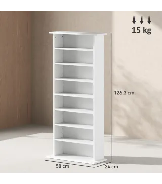 Estantería para CDs y DVDs Estrecha con 8 Compartimentos Estantes Ajustables 58x24x126,3 cm Blanco