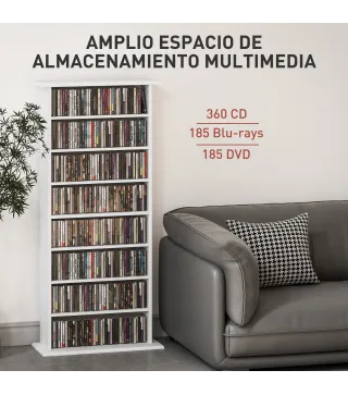 Estantería para CDs y DVDs Estrecha con 8 Compartimentos Estantes Ajustables 58x24x126,3 cm Blanco