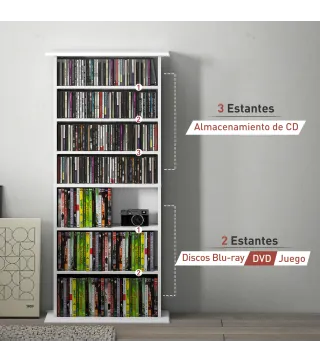 Estantería para CDs y DVDs Estrecha con 8 Compartimentos Estantes Ajustables 58x24x126,3 cm Blanco