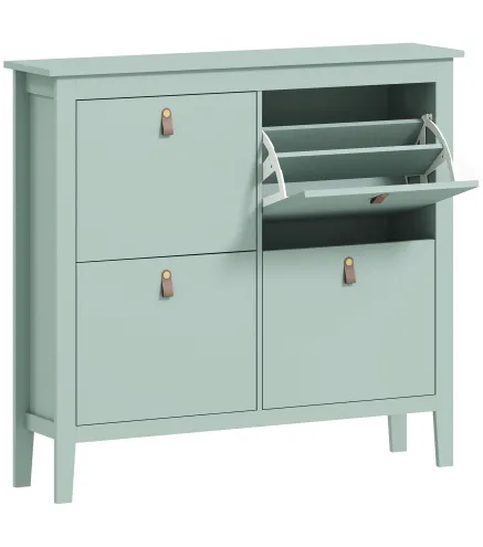 Zapatero Estrecho con 4 Compartimentos y Tiradores de Cuero PU para Pasillo y Recibidor 105x24x95,5 cm Verde Claro