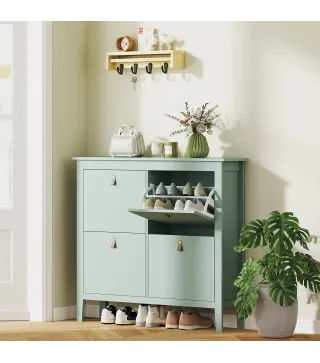 Zapatero Estrecho con 4 Compartimentos y Tiradores de Cuero PU para Pasillo y Recibidor 105x24x95,5 cm Verde Claro