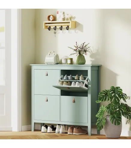 Zapatero Estrecho con 4 Compartimentos y Tiradores de Cuero PU para Pasillo y Recibidor 105x24x95,5 cm Verde Claro