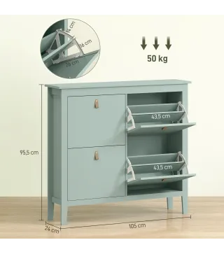 Zapatero Estrecho con 4 Compartimentos y Tiradores de Cuero PU para Pasillo y Recibidor 105x24x95,5 cm Verde Claro